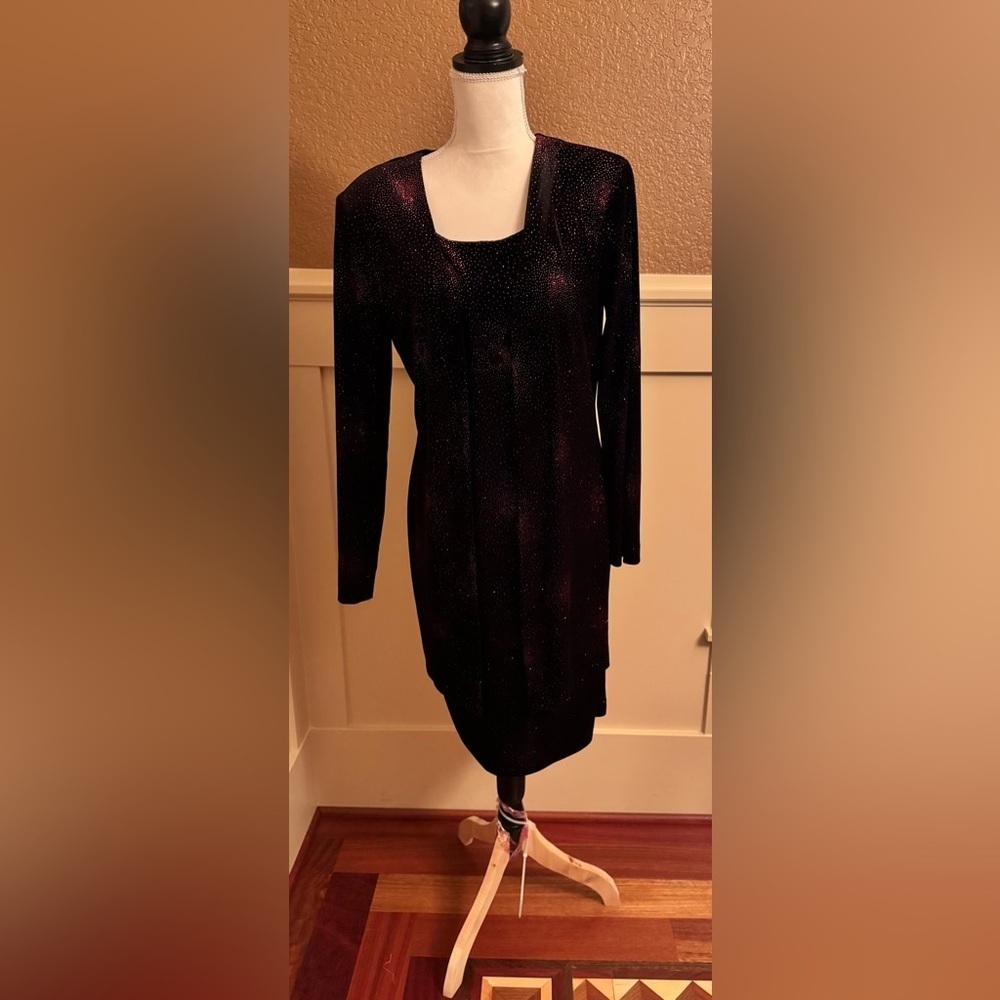 Connected Apparel Black,Red Velvet Glitter Long Sleeve Dress
